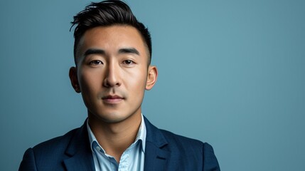 Wall Mural - Full length portrait of young handsome southeast Asian millenial businessman looking at camera on light blue studio background