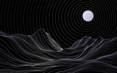 Wall Mural - Abstract background with wavy lines and circles. Black and white illustration of mountains. Landscape with sun rays.