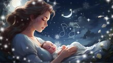 Cartoon Animation Of A Lullaby Of A Baby Sleeping In His Mother's Lap Against The Background Of The Night Sky Decorated With Moonlight. Lullaby Video Background