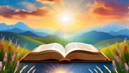 bible illustration open book landscape art paradise sun light prayer jesus god divine nature background sky clouds faith religion dream christmas easter gerernative ai