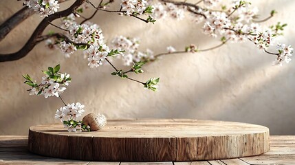 Wall Mural - Geometric empty podium wooden platform stand for product presentation and spring flowering tree branch with white flowers on pastel beige background. : Generative AI