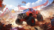 A red monster truck crushing cars in an arena.