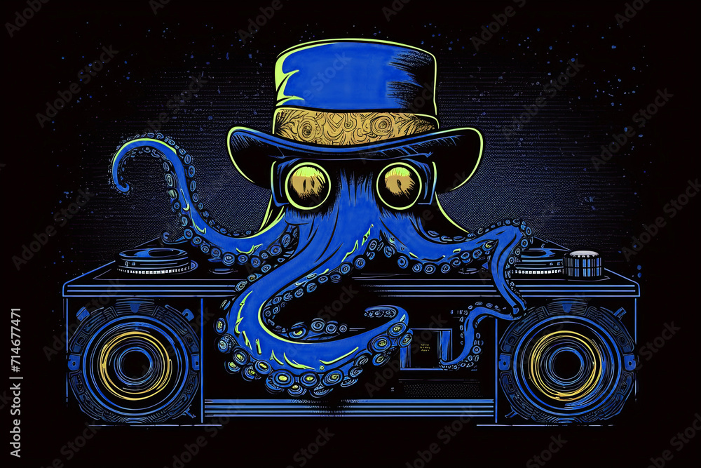 Blue Octopus hipster DJ with a vinyl disc and a record player. An ...