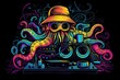 Octopus hipster DJ with a vinyl disc and a player in neon color. An illustration of Generative AI isolated on a black background.