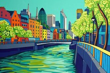 Colorful Style View Of Dublin Ireland With Liffey River Illustration