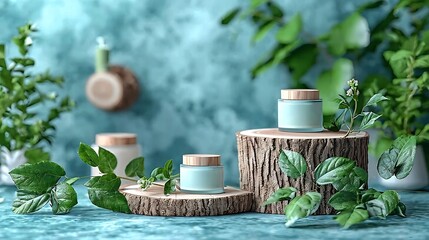 Two cosmetic product podiums mockup. Background for presentation of cosmetic. Minimal modern product display on neutral blue background. Wood slice podium and green leaves. Concept sce : Generative AI