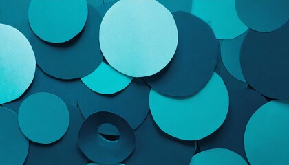 Wall Mural - deep blue turquoise abstract background of paper circles pattern of different size fly perspective top view backdrop for advertising design card poster flyer text in rich luxury modern style