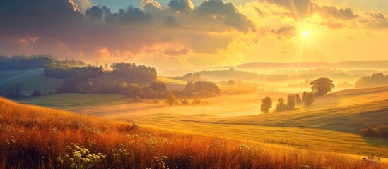 Wall Mural - Dawn over a rural rolling landscape.