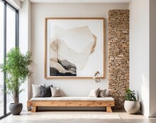 Wild Stone Cladding Wall In Bright Hallway. Wooden Bench Near White Wall With Big Poster Frame Against Panoramic Window. Luxury Home Interior Design Of Modern Entrance Hall