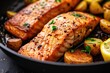 Grilled salmon and potatoes in a frying pan. Generative AI
