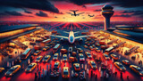 Fototapeta  - Vibrant Sunset at a Bustling Airport with Airplanes and Ground Traffic
