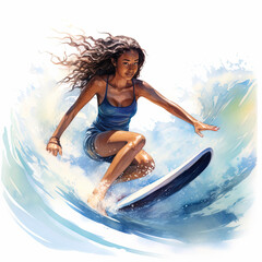 Artistic Watercolor Illustration of an Afro-American woman exploring the waves; creative and colorful depiction of surfing lifestyle.