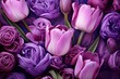 Purple tulips and roses on purple background 