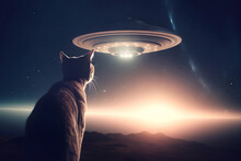Rear View Of Cat Watching Flying Saucer In Dark Night Sky With Bright Glowing
