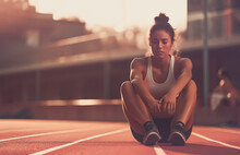 Tired Female Jogger Athlete Sitting On Track Of Stadium And Relaxing After Hard Training Session
