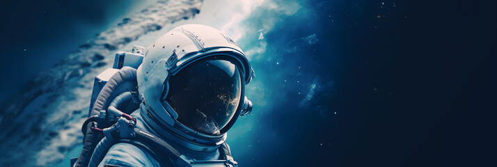 Astronaut wearing space suit in galaxy on background with planet and stars
