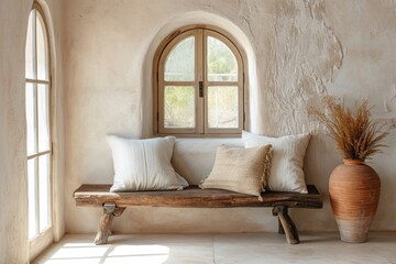 Rustic Farmhouse Living Room Interior with Wooden Bench and Arch Window