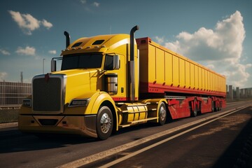 A bright yellow truck features a red trailer on its side