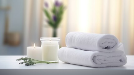 Towels, aromatic oils and candles for beauty treatments, massage, skin care in a white office, spa, beauty services