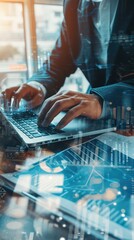 Online service man hands working with laptop, top view double exposure with online documentation system and business files storage. Concept of electronic documents and data storage 