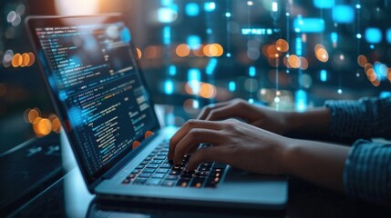 Close up programmer hands using laptop, data processing connecting with internet global network, cloud computing and data center network server, cyber security, software development, data engineering