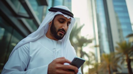 Corporate arab emirati man using mobile cell smartphone wearing kandura dishdasha at an business location 