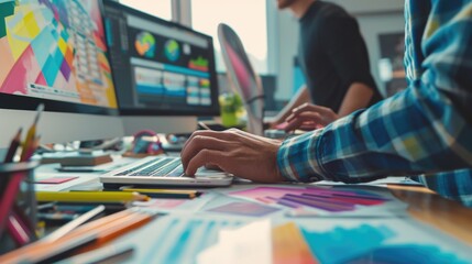 Wall Mural - close up of graphic designer hands working on laptop