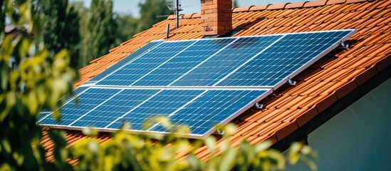 Sticker - Installing small blue solar panels on a dark roof in a Polish city on a sunny day.