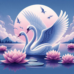 Wall Mural - Two swans are swimming AI generated art