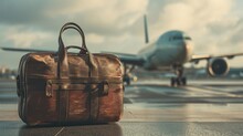 Luggage Vintage Suitcase  In Front Of Airplane Banner. Travel Concept 