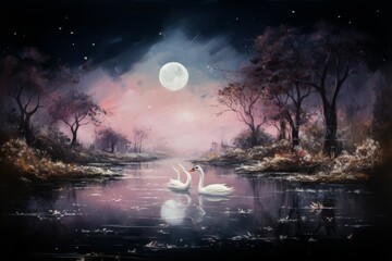 Sticker - Graceful moonlit swans, gliding across shimmering lakes with elegance and poise - Generative AI