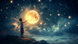 child with moon and stars night dreams magical fantasy background
