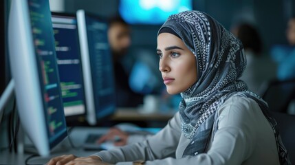 Portrait of a thoughtful Middle Eastern Female Working on Computer in a Technological Corporate Office. Young Woman Writing Software Code for an Innovative Internet and Software as a Service Project