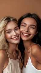 Wall Mural - Beauty, diversity and portrait of women happy with makeup for cosmetic skincare isolated in studio brown background. Skin, aesthetic and young friends together for self care, dermatology and support. 