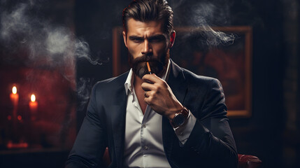 Portrait of a sexy attractive brutal man with a cigar in a bar with dimmed lights and softly lit candles