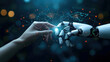 Robot and human hand touch, surrounded by holographic data network, emphasizing AI-human interaction in tech, Concept of Artificial intelligence, AI robot, machine learning technology development