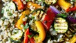 A barley and roasted vegetable salad with pearl barley, roasted zucchini, bell peppers, and a lemon herb dressing