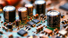 Close-up Of A Green Circuit Board With Electronic Components, Illustrating Technology And Communication.