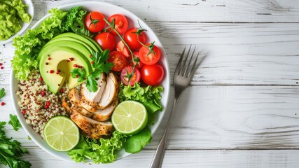 Healthy salad bowl with quinoa, tomatoes, chicken, avocado, lime and mixed greens, lettuce, parsley, on white wood background top view. Food and health, served in the white plate on white wooden table