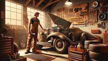 A Mechanic Stands Proudly In A Well-organized Garage, Tools Hung Meticulously Behind An Open Vintage Car.Car Repair Service Concept. AI Generated.	
