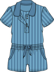 Wall Mural - KID GIRLS WEAR SHORT SLEEVE PLAYSUIT WITH POCKETS  AND STRIPE PATTERN VECTOR ILLUSTRATION