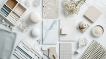 Modern Flat Lay Composition In White And Oceanic Colors Palette With Textile And Paint Samples, Lamella Panels And Tiles. Architect And Interior Designer Moodboard. Top View. Copy Space.
