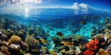 Fototapeta Do akwarium - Beautiful coral reef. Underwater scene with fish, sea corals. Travel, recreation, snorkeling.