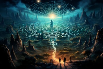 Wall Mural - Mesmerizing celestial mazes, challenging adventurers with their shifting paths - Generative AI