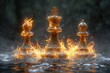 stylish black chess stands on a chessboard and a fire is burning around. Gloomy environment