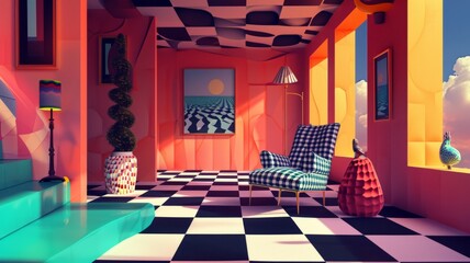 Canvas Print - Vivid modern colorful interior. Super extravagant room design with optical illusion elements