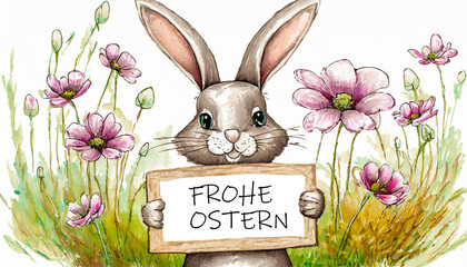 Wall Mural - painting animal bunny holding sign saying 