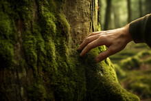 Hand On Mossy Trunk Of Tree Trunk In The Wild Forest. Forest Ecology. Wild Nature, Wild Life