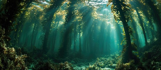 Canvas Print - A kelp forest with tall stalks reaching the water surface, mainly exhibiting Ecklonia maxima from below.