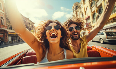 Happy young couple is enjoying ride in a cabriolet car during summer sunny day, active lifestyle concept